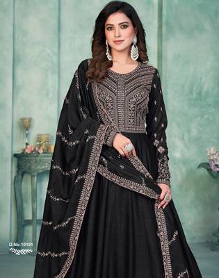 Midnight Black Art Silk Semi-Stitched Gown with Resham & Sequin Embroidery 4