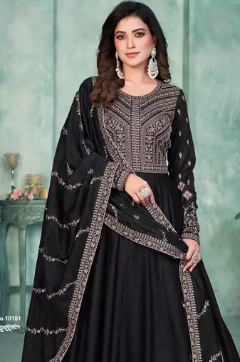 Midnight Black Art Silk Semi-Stitched Gown with Resham & Sequin Embroidery