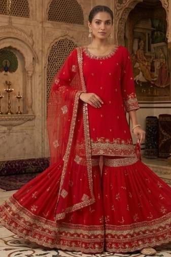 Deep cherry red embroidery faux georgette sharara suit set