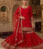 Deep cherry red embroidery faux georgette sharara suit set