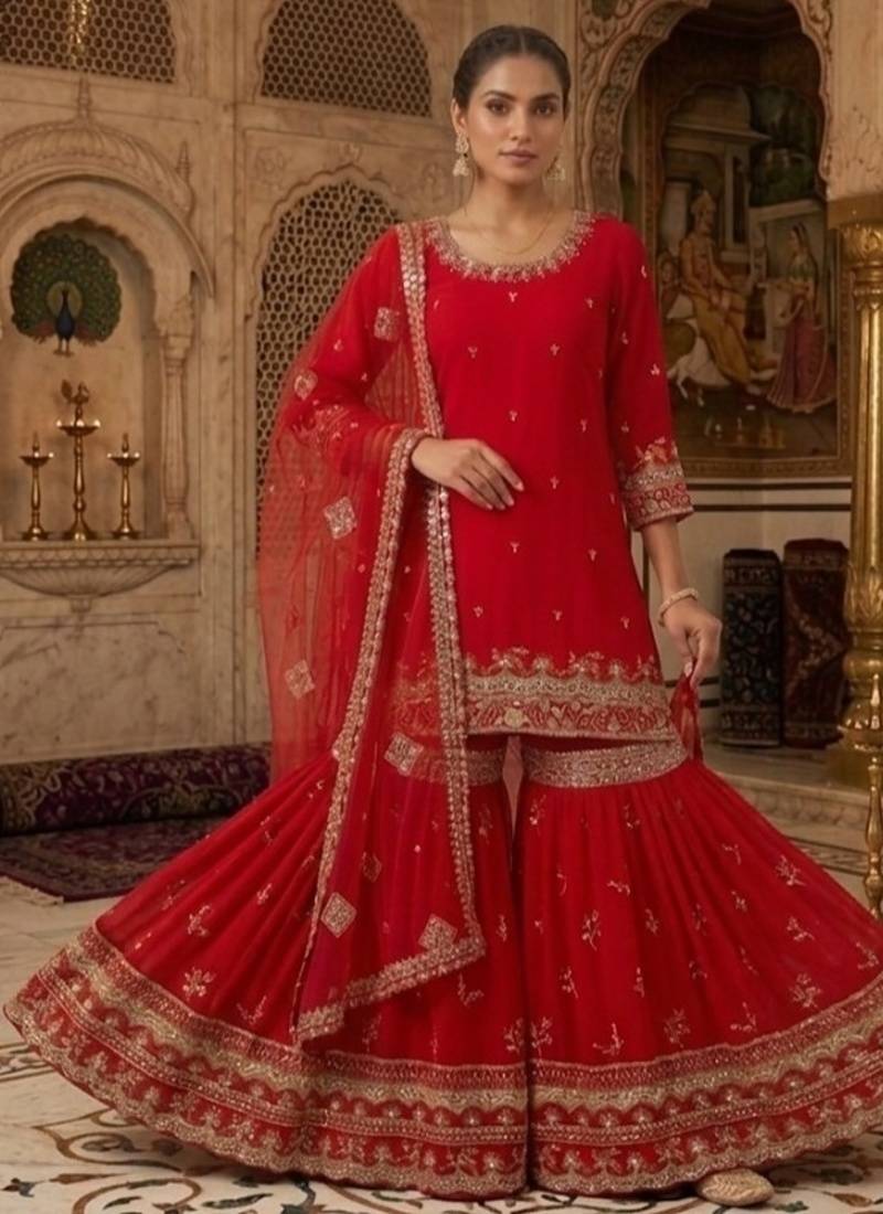 Deep cherry red embroidery faux georgette sharara suit set