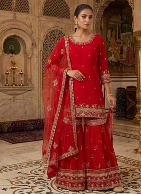 Deep cherry red embroidery faux georgette sharara suit set 2