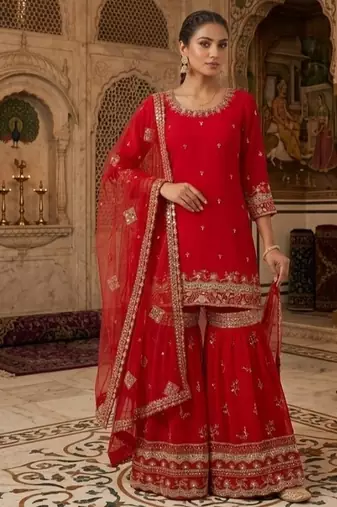 Deep cherry red embroidery faux georgette sharara suit set