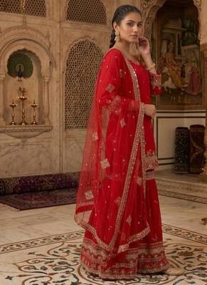 Deep cherry red embroidery faux georgette sharara suit set 3
