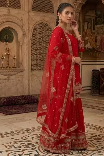 Deep cherry red embroidery faux georgette sharara suit set