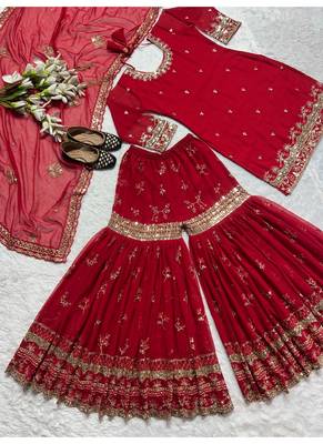 Deep cherry red embroidery faux georgette sharara suit set 4