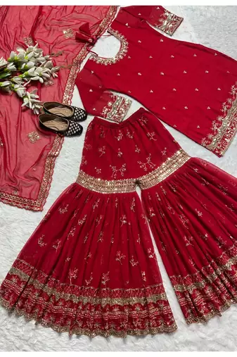 Deep cherry red embroidery faux georgette sharara suit set