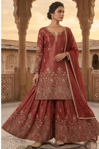 Rust embroidery silk blend  sharara suit set