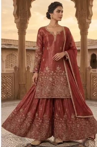 Rust embroidery silk blend  sharara suit set