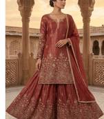 Rust embroidery silk blend  sharara suit set