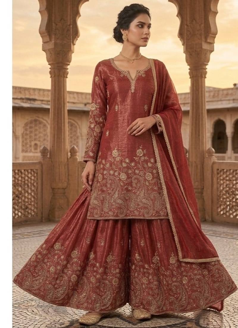 Rust embroidery silk blend  sharara suit set