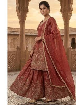 Rust embroidery silk blend  sharara suit set 2