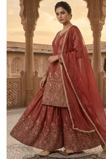 Rust embroidery silk blend  sharara suit set