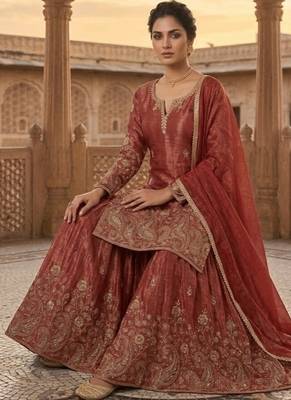 Rust embroidery silk blend  sharara suit set 3
