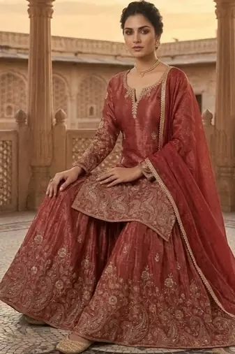Rust embroidery silk blend  sharara suit set