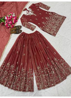 Rust embroidery silk blend  sharara suit set 4