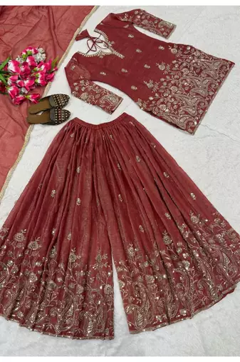 Rust embroidery silk blend  sharara suit set