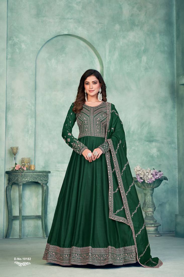 Emerald Green Art Silk Semi-Stitched Embroidered Gown