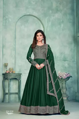 Emerald Green Art Silk Semi-Stitched Embroidered Gown