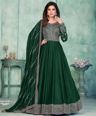 Emerald Green Art Silk Semi-Stitched Embroidered Gown 2