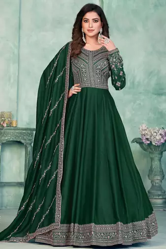 Emerald Green Art Silk Semi-Stitched Embroidered Gown