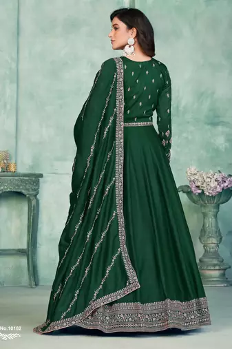 Emerald Green Art Silk Semi-Stitched Embroidered Gown
