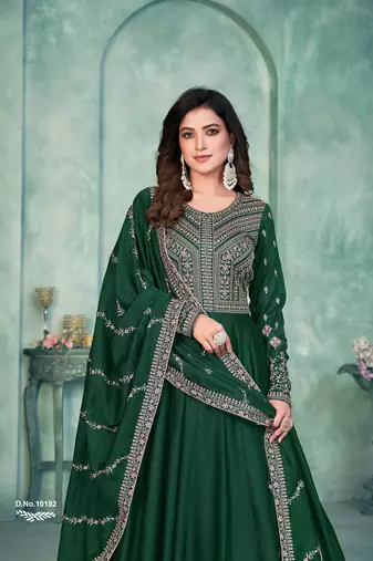 Emerald Green Art Silk Semi-Stitched Embroidered Gown
