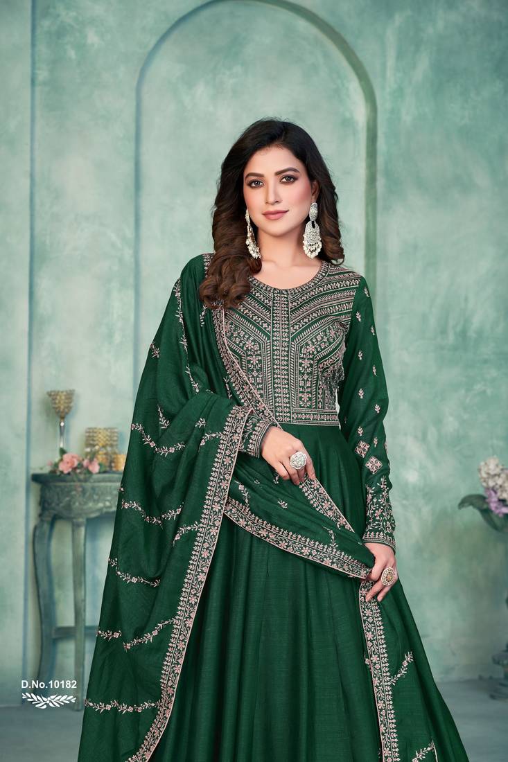 Emerald Green Art Silk Semi-Stitched Embroidered Gown