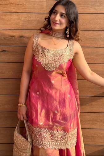 Rust embroidery tissue sharara suit set