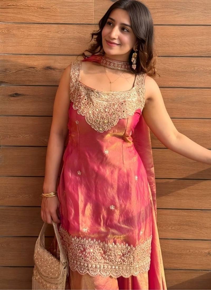 Rust embroidery tissue sharara suit set