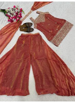 Rust embroidery tissue sharara suit set 4