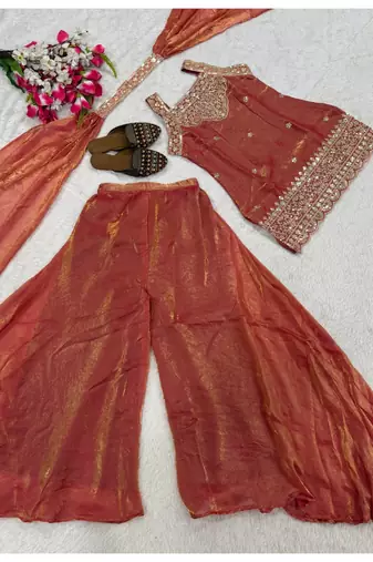 Rust embroidery tissue sharara suit set