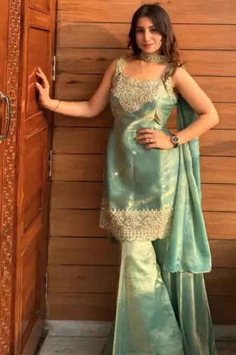 Green embroidery tissue sharara suit set