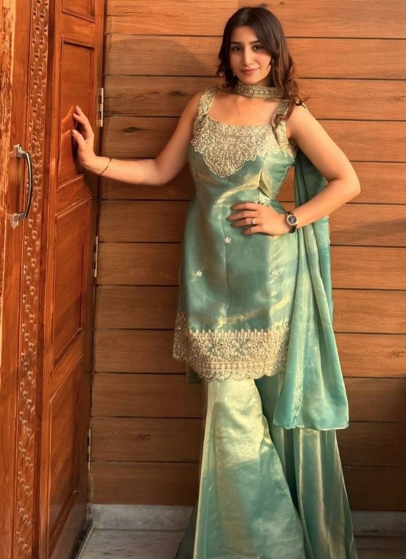 Green embroidery tissue sharara suit set