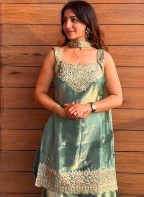 Green embroidery tissue sharara suit set 2