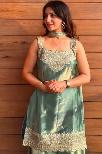 Green embroidery tissue sharara suit set