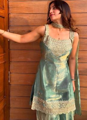 Green embroidery tissue sharara suit set 3