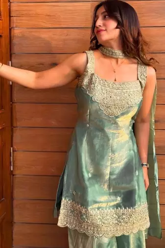 Green embroidery tissue sharara suit set