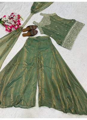 Green embroidery tissue sharara suit set 4