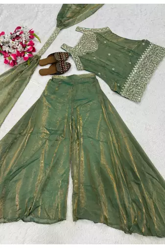 Green embroidery tissue sharara suit set