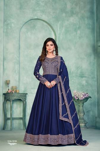 Elegant Blue Art Silk Semi-Stitched Gown with Resham & Sequin Embroidery 