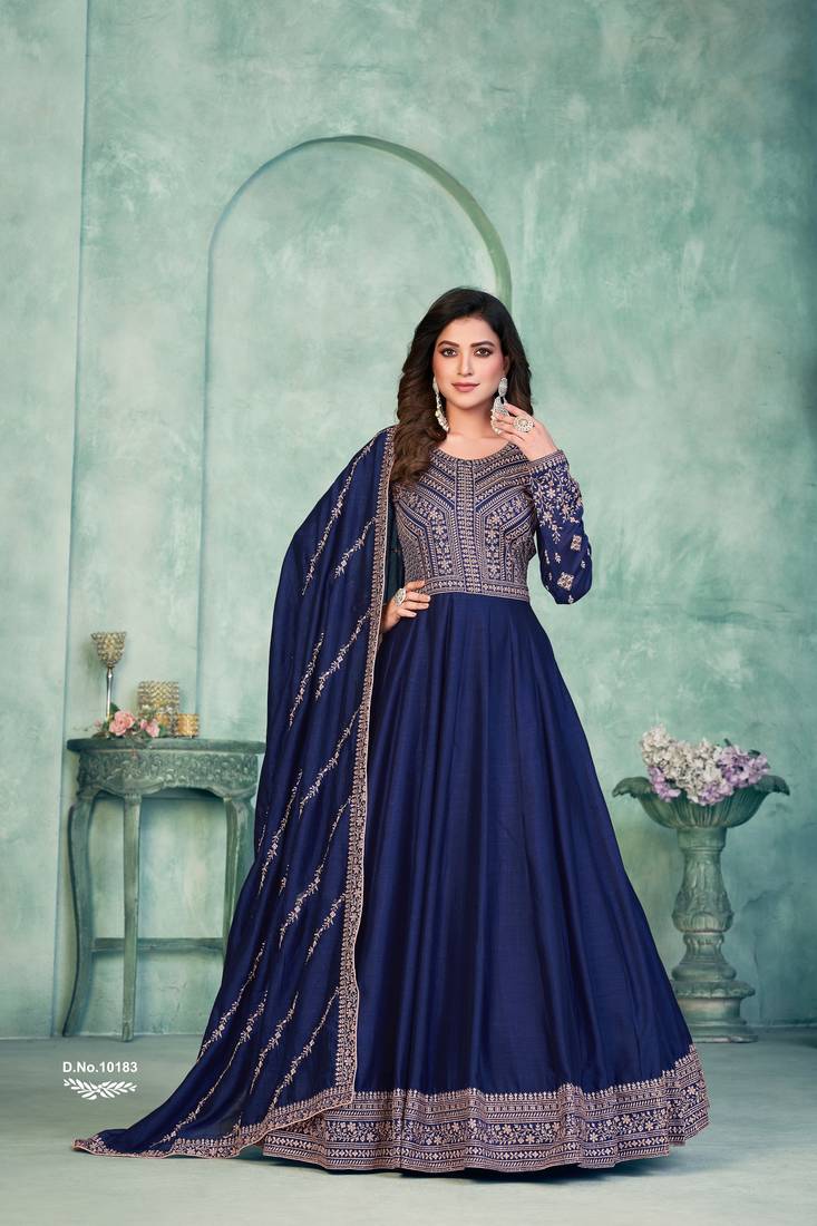 Elegant Blue Art Silk Semi-Stitched Gown with Resham & Sequin Embroidery 
