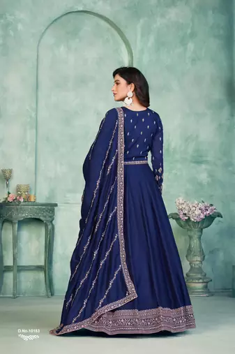 Elegant Blue Art Silk Semi-Stitched Gown with Resham & Sequin Embroidery 