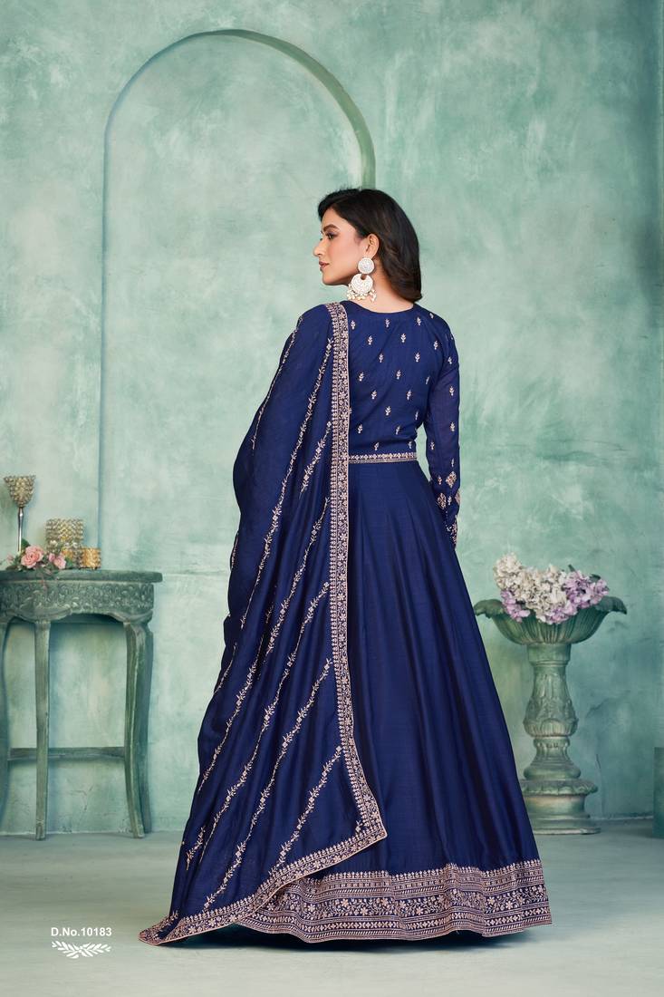 Elegant Blue Art Silk Semi-Stitched Gown with Resham & Sequin Embroidery 