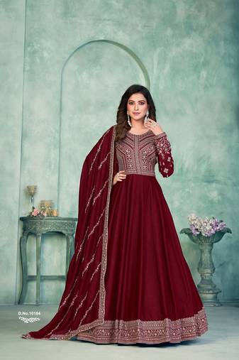 Maroon Art Silk Semi-Stitched Gown with Resham & Sequin Embroidery