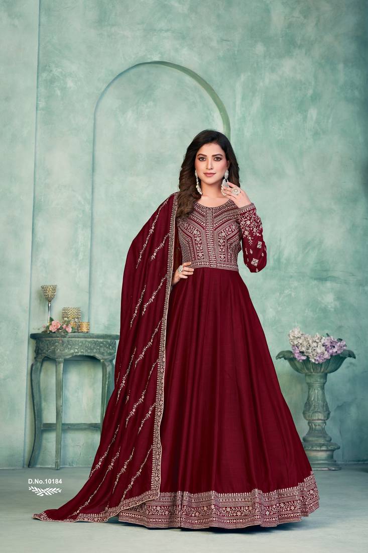 Maroon Art Silk Semi-Stitched Gown with Resham & Sequin Embroidery