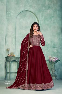 Maroon Art Silk Semi-Stitched Gown with Resham & Sequin Embroidery 1