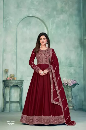 Maroon Art Silk Semi-Stitched Gown with Resham & Sequin Embroidery
