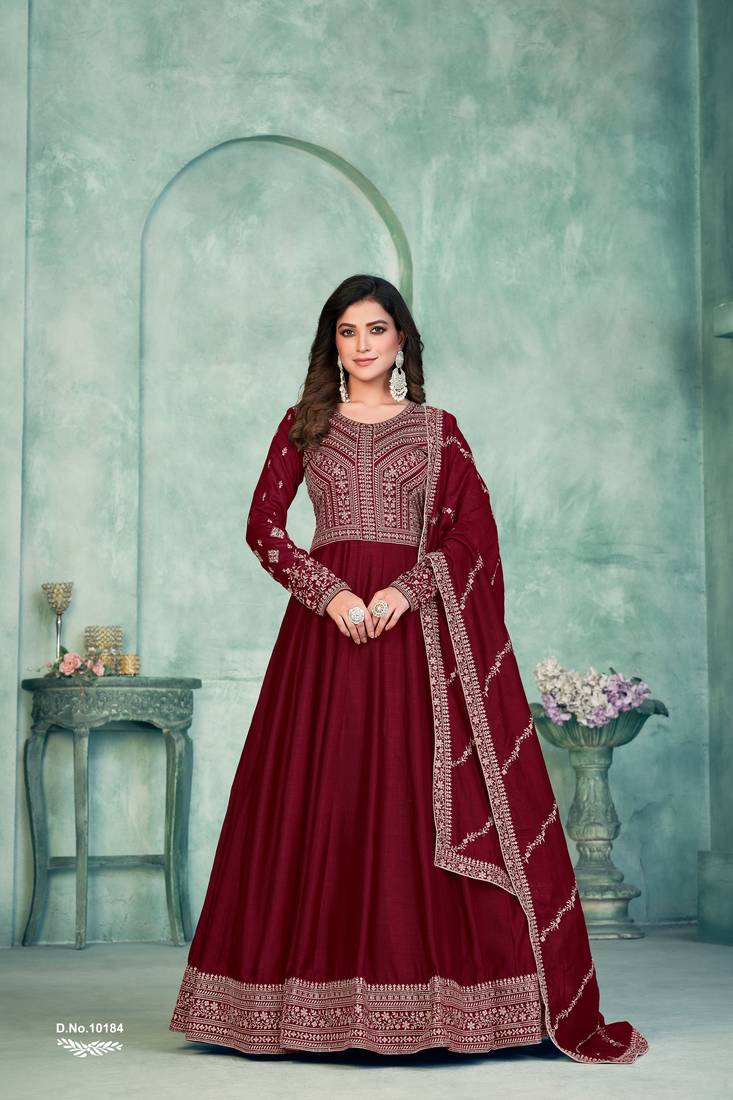 Maroon Art Silk Semi-Stitched Gown with Resham & Sequin Embroidery