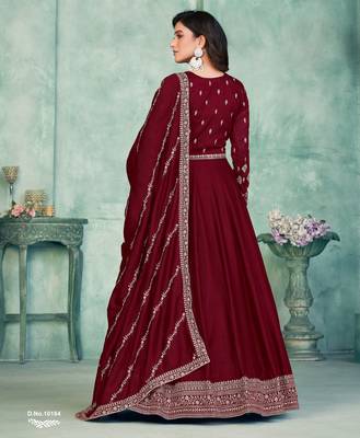 Maroon Art Silk Semi-Stitched Gown with Resham & Sequin Embroidery 3